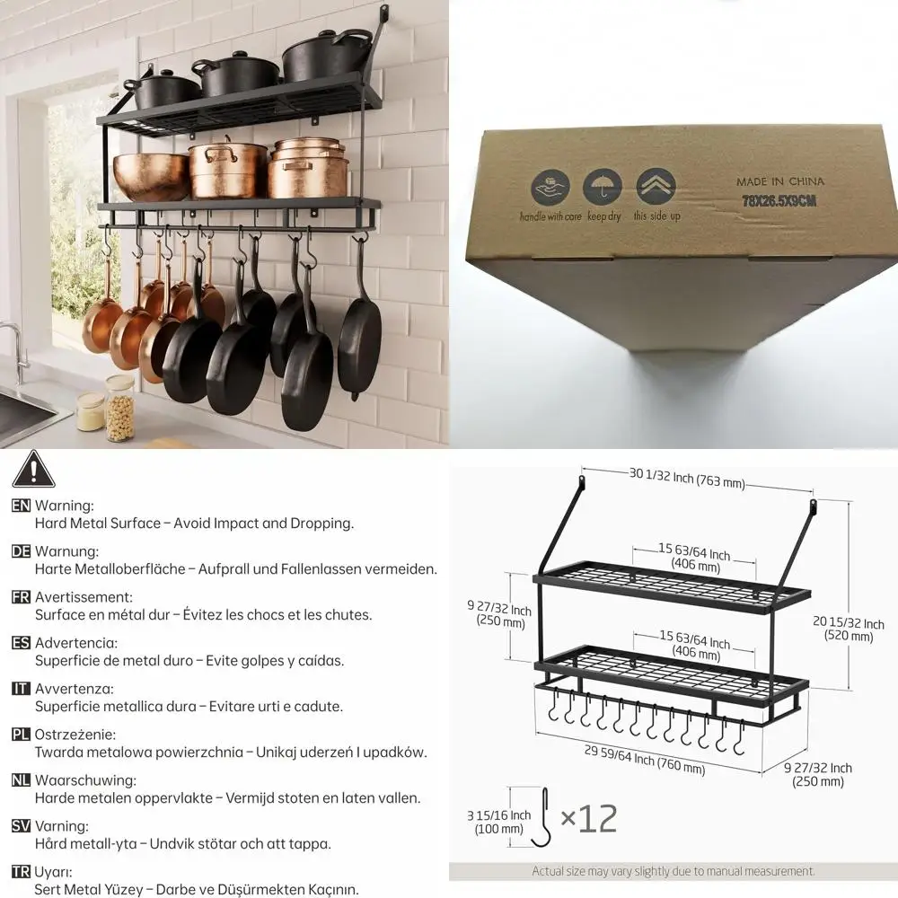 

30 Кухонная подвесная полка для кастрюль — двухуровневая черная настенная полка с 12 крючками для хранения кастрюль и сковородок