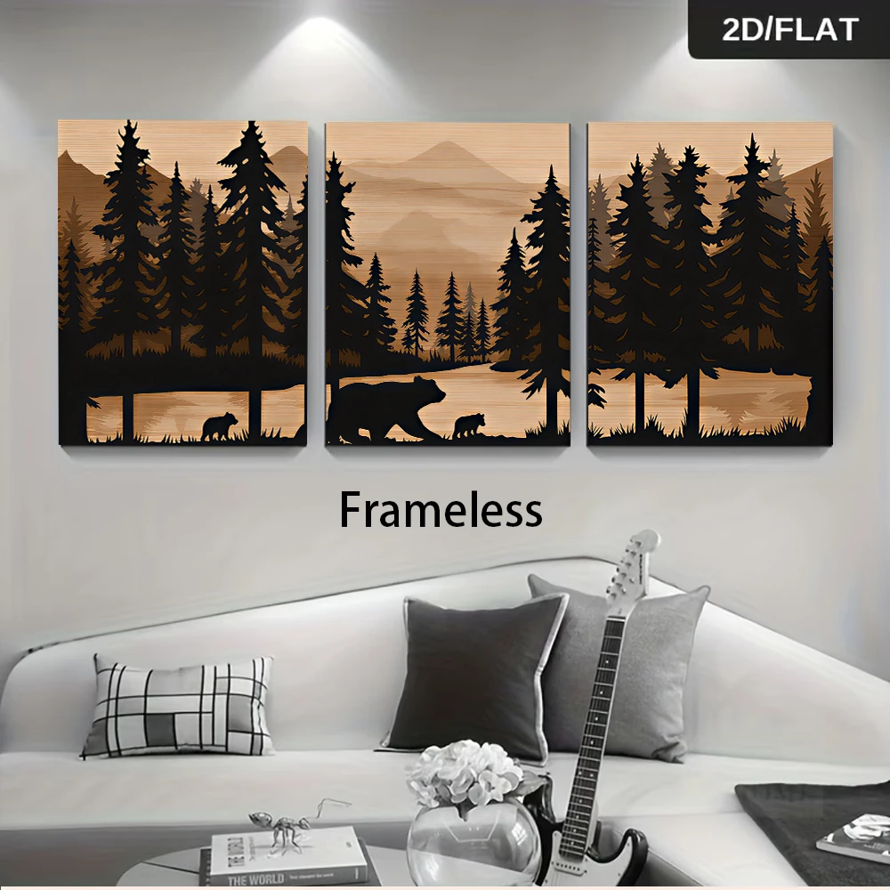 3PCS Frameless,1 set of three frameless decorative paintings, modern minimalist forest bear pattern wall hanging, 2D flat design
