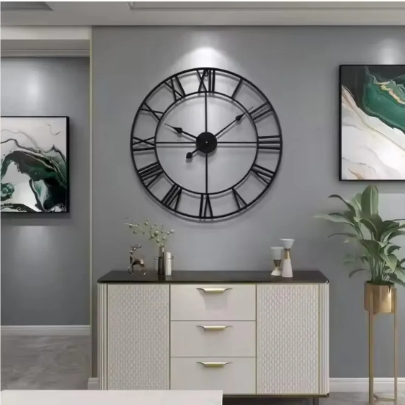 80cm Modern Metal Wall Clocks Round Nearly Silent Battery Operated Black Roman Numerals Clock for Living Room