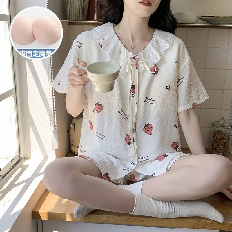 

M-2XL пижамы в стиле принцессы с принтом, женская одежда для сна со встроенной нагрудной подушечкой, хлопковые кружевные шорты с бантом и короткими рукавами, одежда для дома