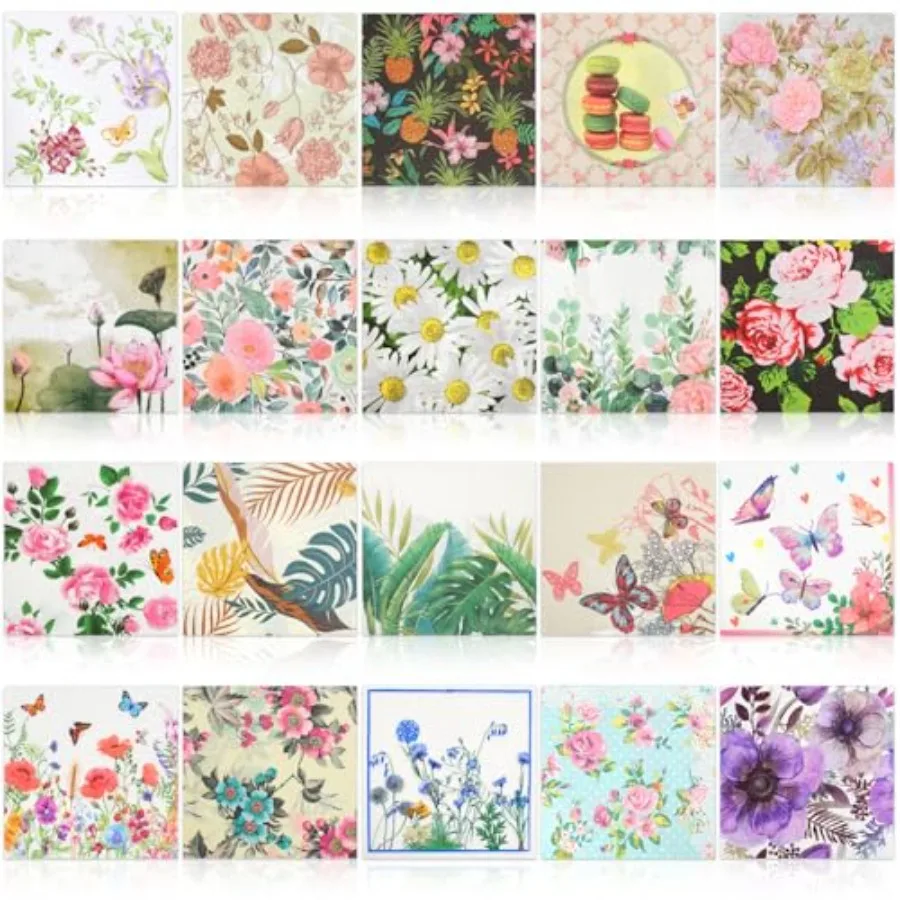 Paquete de 40 bolsitas de papel florales surtidas de 20 estilos para decoupage, cucharaditas decorativas de cóctel para eventos de fiesta de cumpleaños y familia