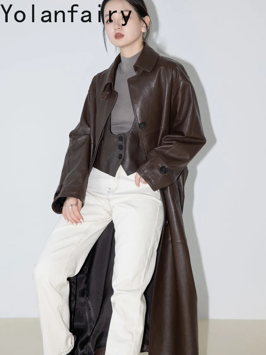 YOLANFAIRY Luxury Women Long Trench Coat Genuine Sheepskin Jacket Vegetable Tanned Leather Oversized Leather Coat Elegant 2026