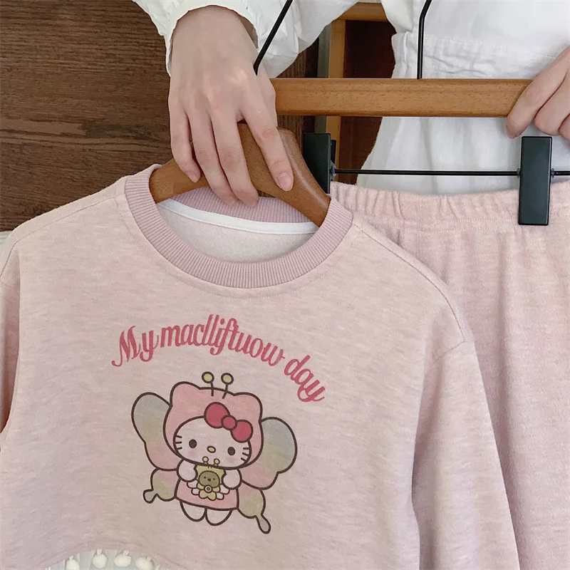 Sanrio Hello Kitty terno dos desenhos animados para meninas, calças de renda, gola superior, roupa bonito, estilo estrangeiro, rosa, outono, novo