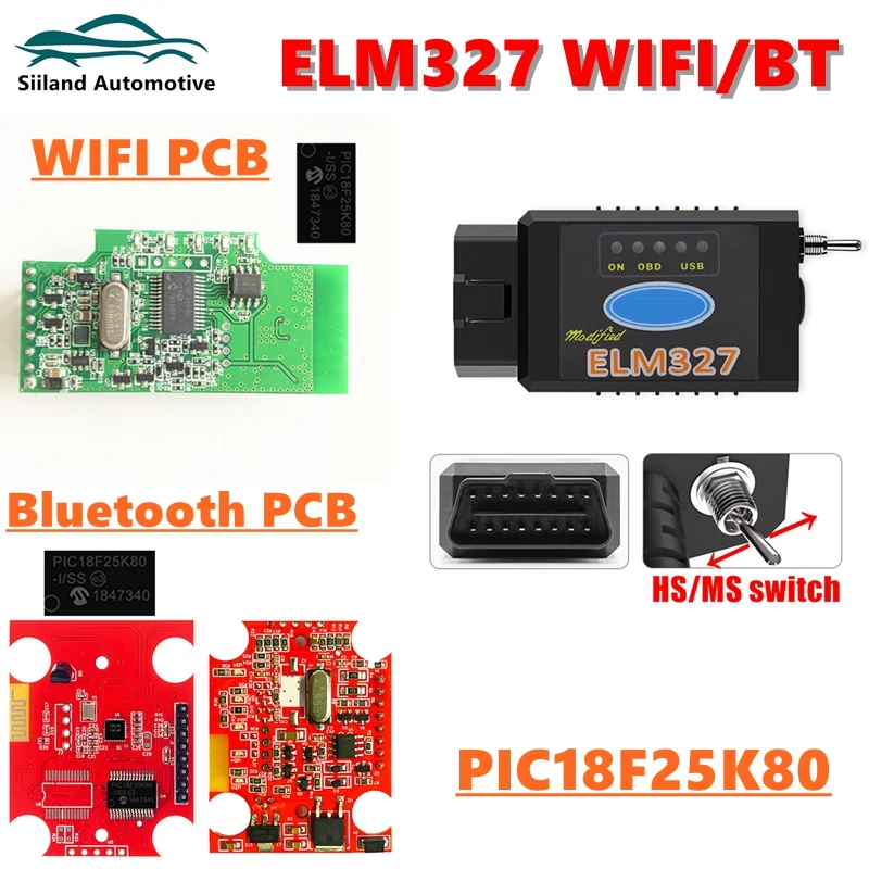 

High Quality Car Diagnostic Scanner ELM327 V1.5 with Bluetooth&WIFI PIC18F25K80 Chip HS CAN/MS CAN switch with FORScan for Ford