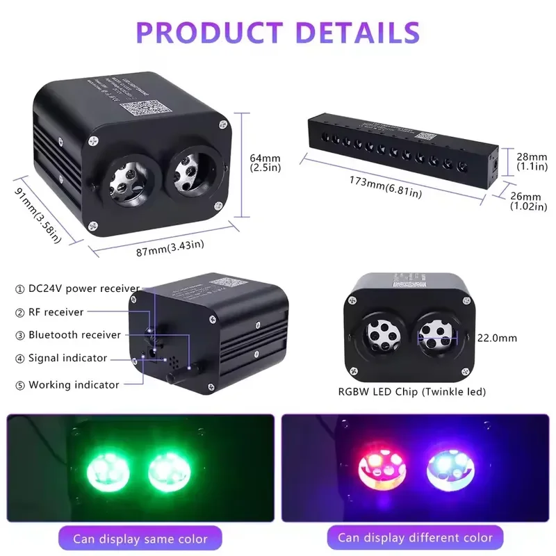 20W Dual Port Twinkle RGBW LED Fiber Optic Star Ceiling Light Starlight Car Roof Starry Sky Ambient Light APP Control