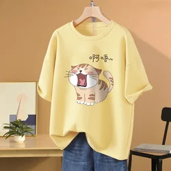 EBAIHUI-Camiseta de L-5XL de algodón 100% de talla grande para mujer, Camiseta con cuello redondo y estampado de gato, Top de manga corta, Camisetas Básicas de verano para pareja