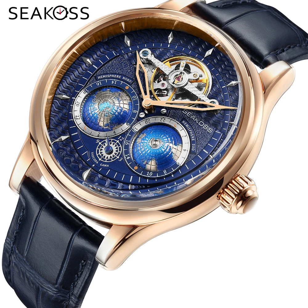 SEAKOSS 47 mm Double Earth Rotating Herren-Mechanische Uhr Automatikwerk Schwungrad-Armbanduhren 5 Bar Wasserdichtes Lederarmband