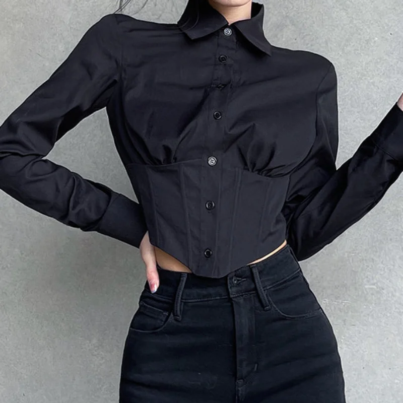 Shirt Women Spring Solid Irregular Slim Crop Tops All-match Office Ladies Popular Classic Temperament Chemise Femme Ulzzang Chic