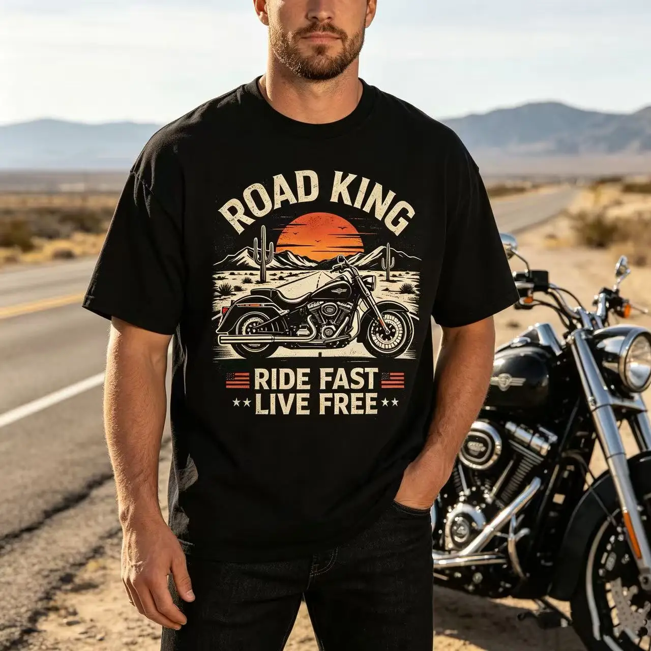 Unisex Road King Ride Fast Live Free Vintage Motorcycle Desert Cactus Sunset Graphic T Shirt Men Women Biker Print Oversized Crew Neck Tee