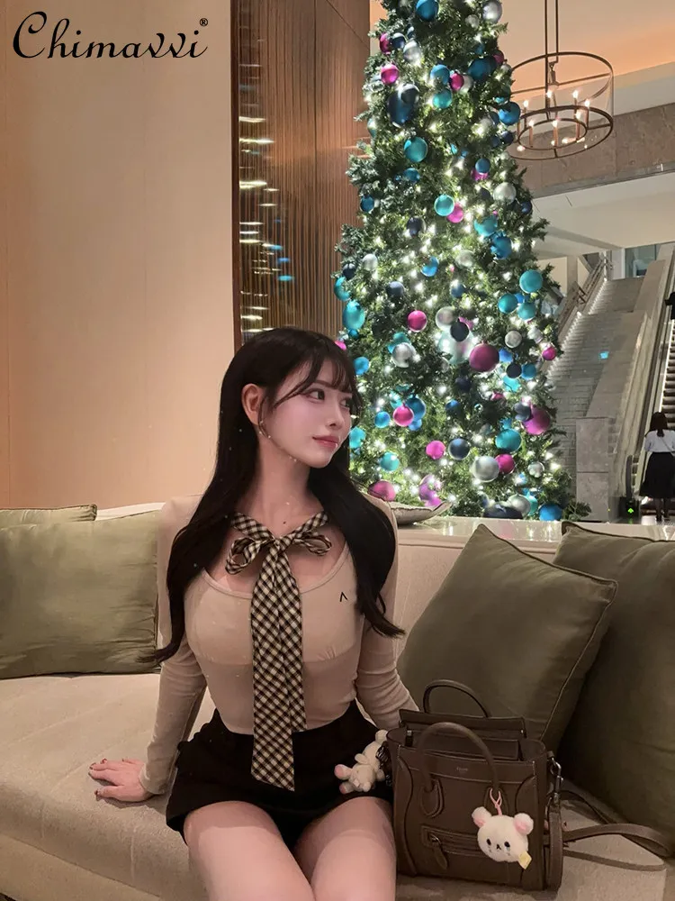

Japanese-style Plaid Ribbon Bow and Waist Cinching T-shirt Top 2026 Spring and Autumn New Slim-fit Women's Tie Straps Tops