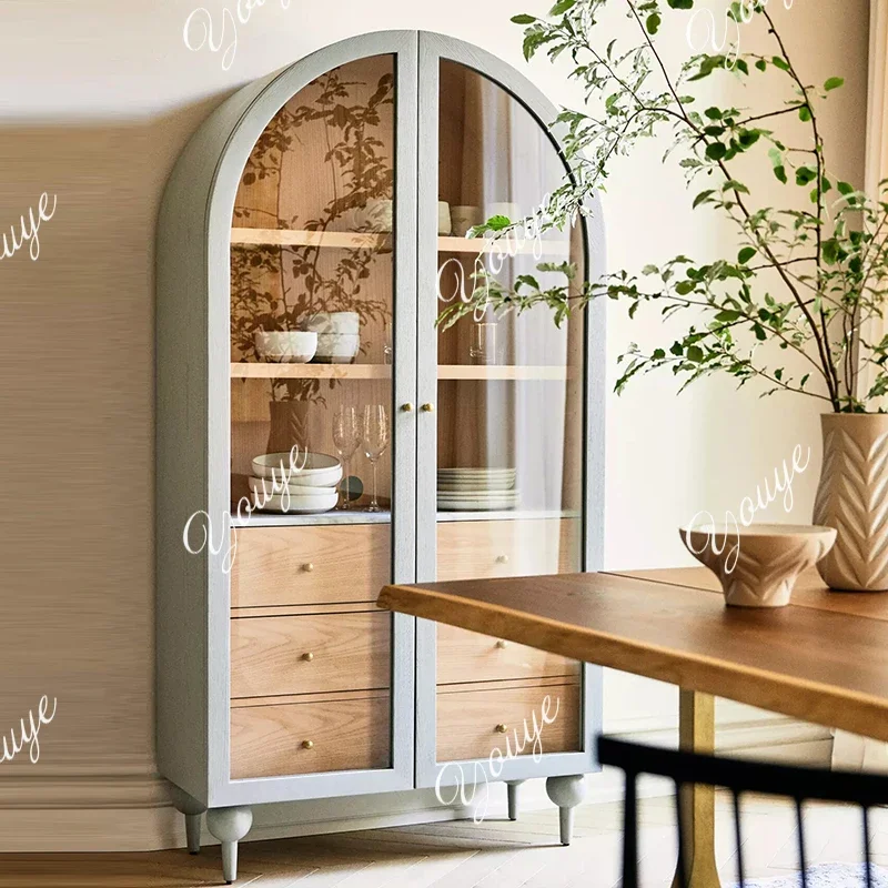 

Q American solid wood arch glass display French vintage storage cabinet living room double door bookcase dining side wine cabine