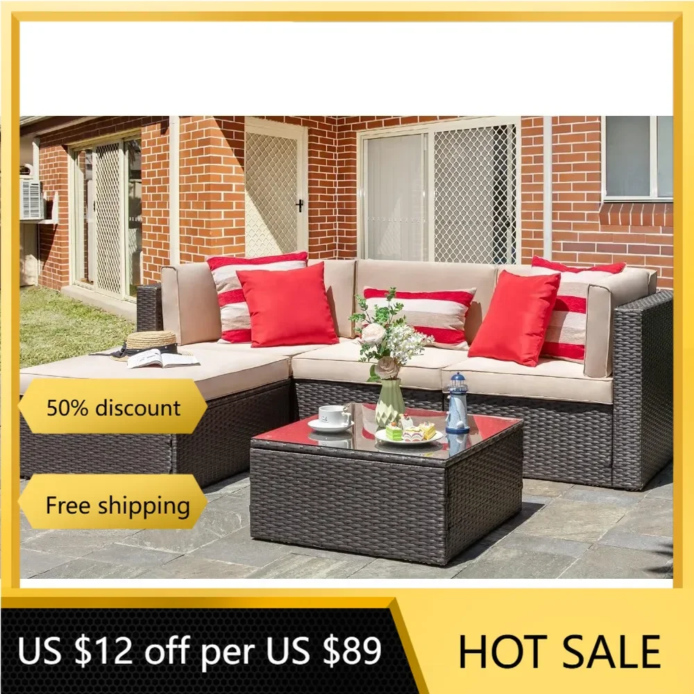 

All-Weather Brown PE Wicker Outdoor Couch Sectional Set, Small Conversation Set for Garden/Patio w/Ottoman, Glass Table