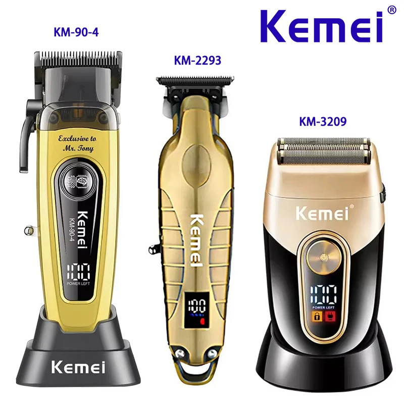 Kemei recarregável máquina de cortar cabelo elétrica profissional barbeiro aparador para homem barbeador sem fio KM-90-4 KM-2293 ouro KM-3209 kit