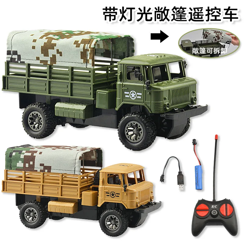 Tenda de caminhão modelo militar com controle remoto sem fio de quatro rodas para crianças destacável com brinquedo modelo de veículo de transporte leve