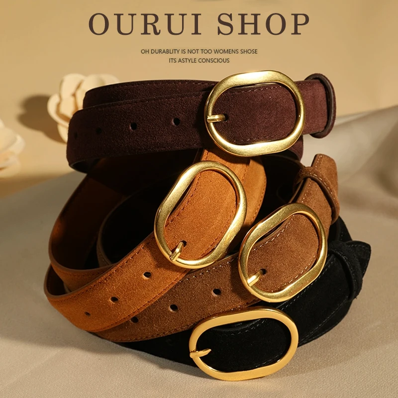 Cinturón de Gamuza para Mujer con Hebilla de Aleación Dorada de 2.8cm de Ancho, Estilo de Diseñador de Moda para Jeans y Abrigos