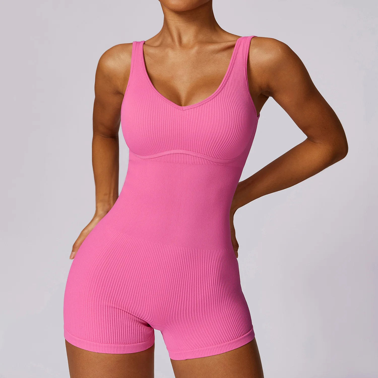 Womens One Piece Workout Jumpsuits Seamless Built-in Bra Tummy Control Sleeveless Jumpsuits Yoga Ribbed Romper Bodycon Bodysuits