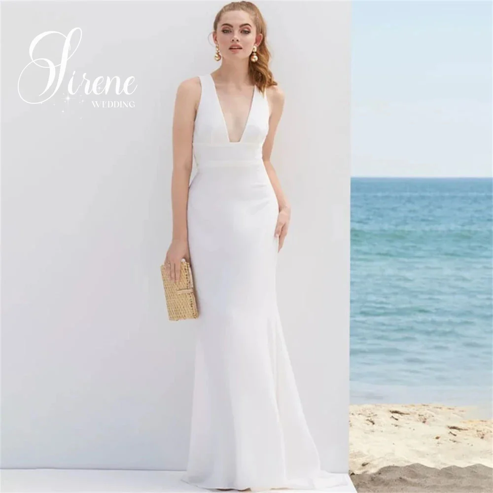 Sirene-vestido de noiva sereia, vestido de cetim sexy com cinta de espaguete, simples, profundo v-colar, lace-up, sem encosto, até o chão, vestido praia