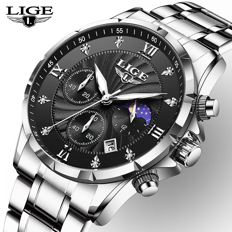 

LIGE Top Brand Luxury Mens Watch Big Dial Fashion Quartz Watches Men Stainless Steel Waterproof Luminous Wristwatch Reloj Hombre