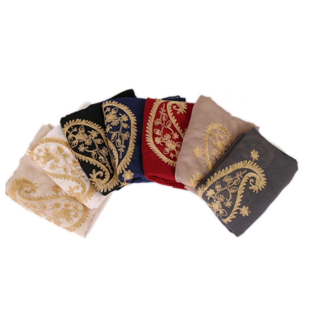 

Embroidered Paisley Cotton Scarf Woman Muslim Amira Hijab Islam Head Wrap Women's Headwear Gold Turkey Shawls and Wraps 180*90cm