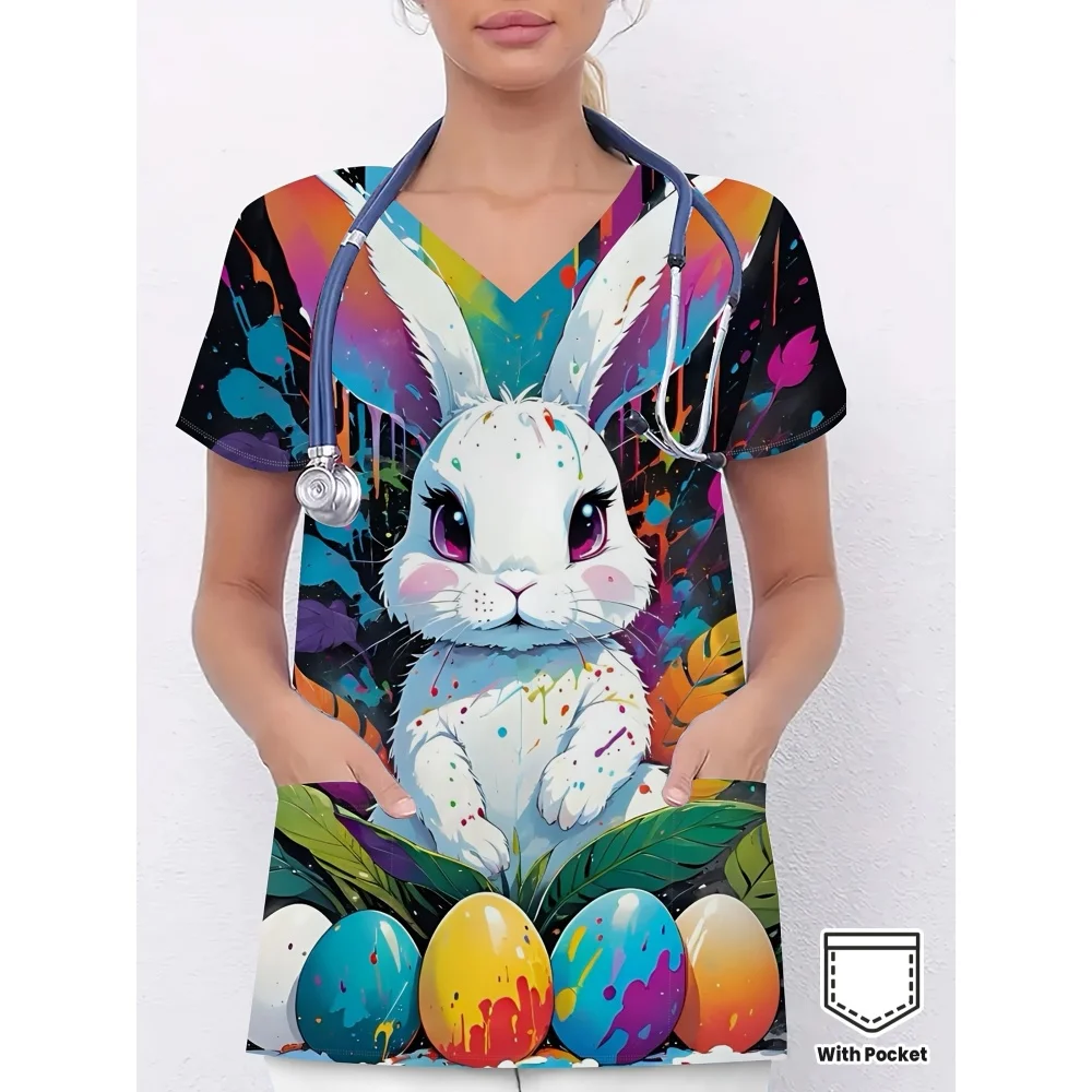 イースター女性用ソフトで通気性のあるVネックスクラブトップ、バニー柄半袖、看護師ファッション、快適な獣医臨床ユニフォーム女性用