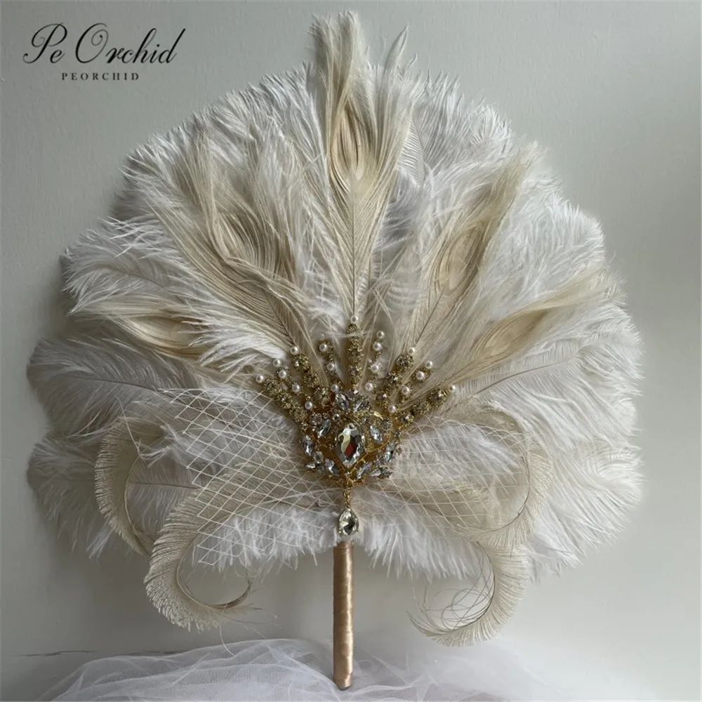 

PEORCHID Gold Bridal Alternative Ostrich Feather Fan Great Gatsby 1920s Boho Brooch Bouquet Art Deco Wedding Bridesmaid Fan gift