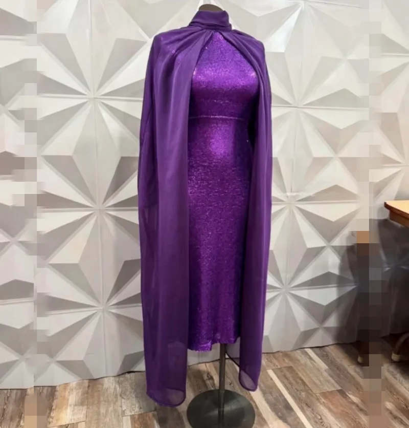 Atemberaubende lila Abendkleider mit Schal, Pailletten-Chiffon-Hochzeitsgastkleid für Damen, Ballkleider, Vestido de Festa, maßgeschneidert