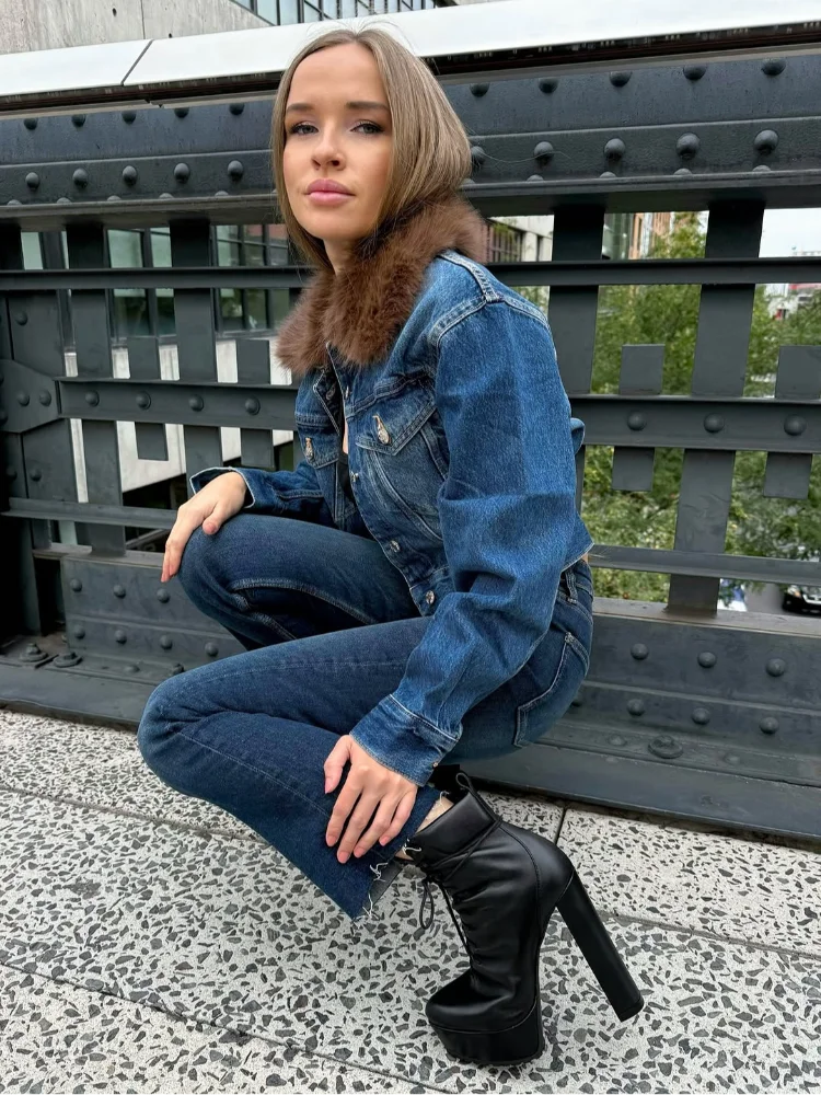 

Blue Faux Fur Patchwork Denim Jacket Casual Women Chic Lapel Single Breasted Full Sleeve Short Jackets 2026 Lady Street Outwear