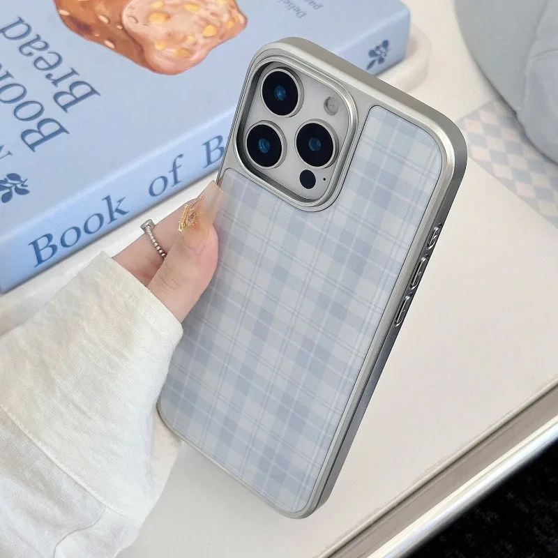 Retro blauer Himmel Plaid Silber Rand Handyhülle TPU Anti-Drop Handyhülle für iPhone XR/11/12/13/14/15/16/17 Pro Max Handyhülle