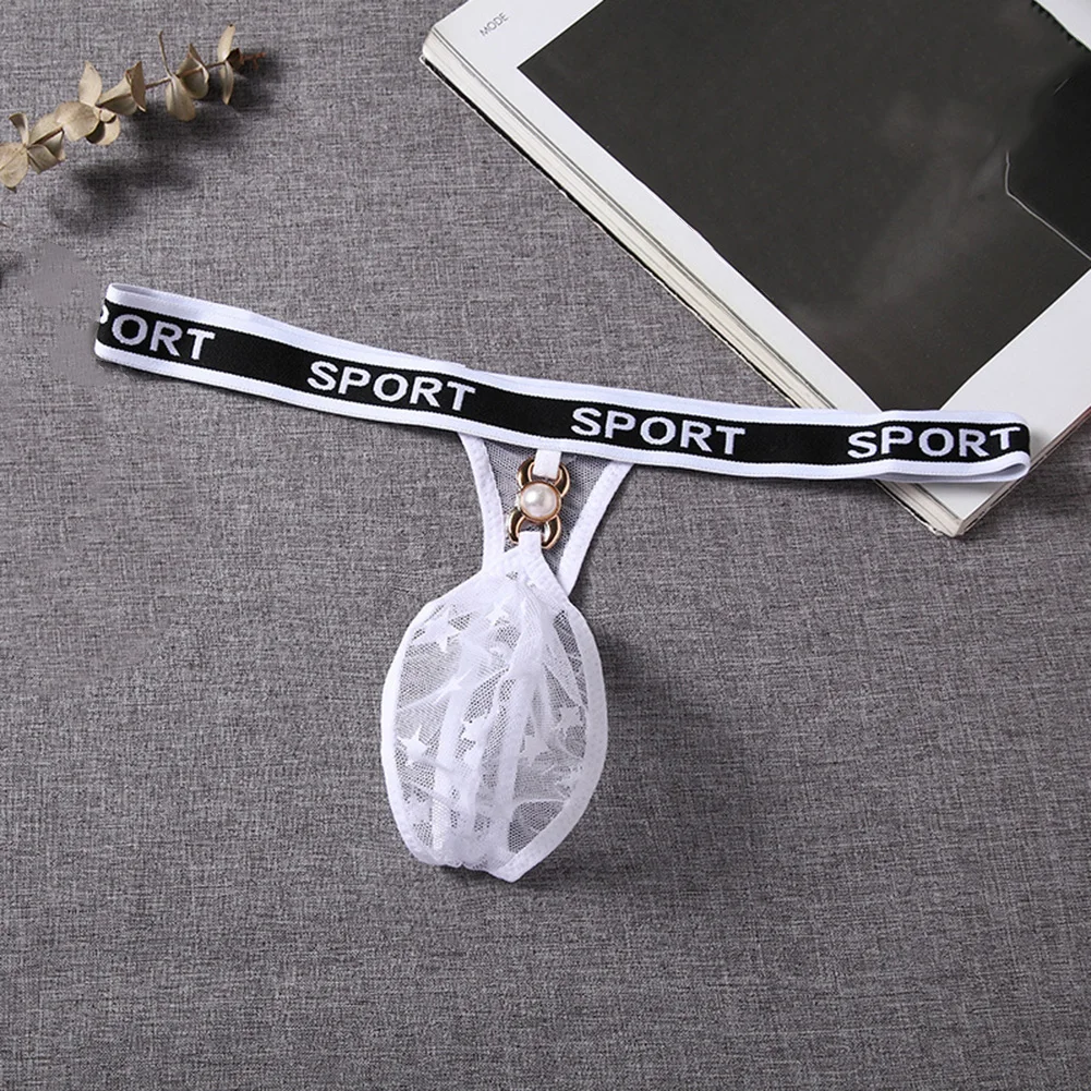 

Sexy Floral Lace Mini Thong Men Sissy Lingerie See Through Bugle Pouch G-String Exotic Breathable Crossdress Rhinestone Undies