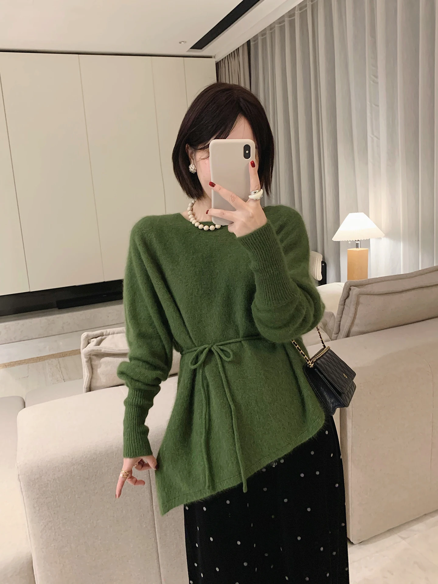 

Misslady Vintage Asymmetrical Hem Wool Blend Belted Waist Sweater Women's Ele Korean Sle Color Autumn Winter