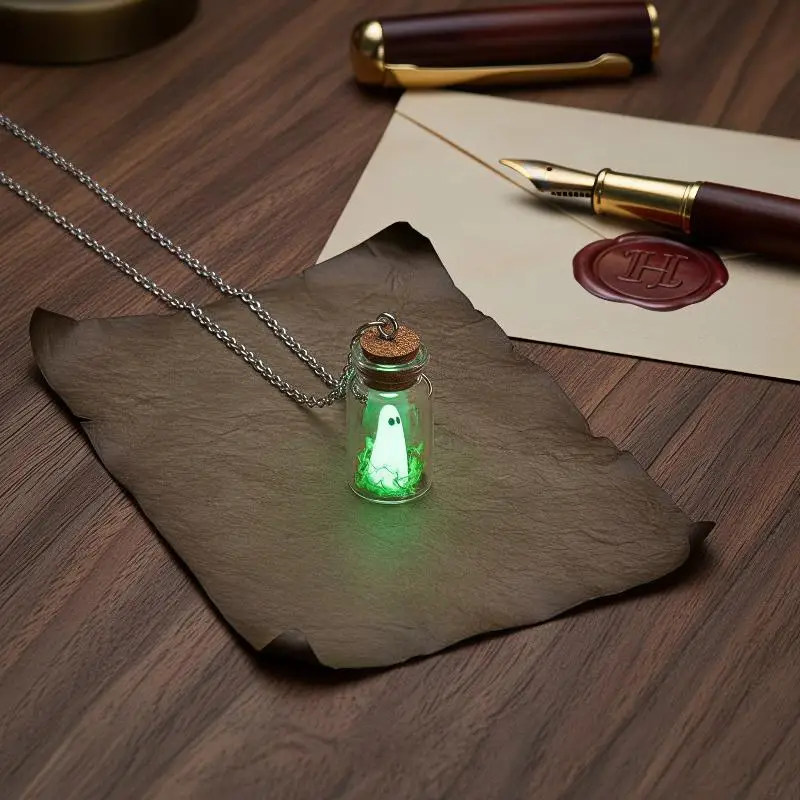 Leuchtende Geister-Halskette Halloween Winzige Leuchtende Treibflasche Geister-Ohrringe Kreatives Design Grüner Geister-Schmuck Geschenk – Detail 5
