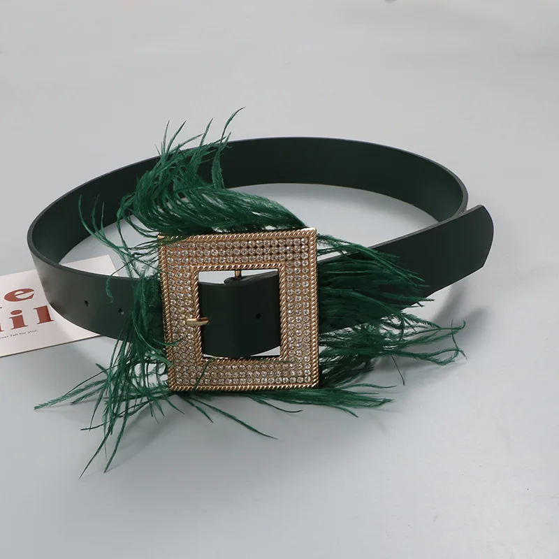 Designer's new green square buckle rhinestones inlaid with feathers decorated dress coat belt Light luxury fashion women's belt