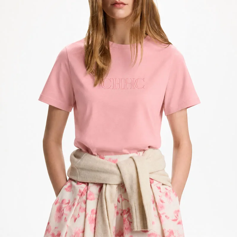 CH Damen-T-Shirt aus rosa Baumwolle mit gesticktem Schriftzug, kurzärmelig, lässiges Sommer-Basic-Top – Detail 2