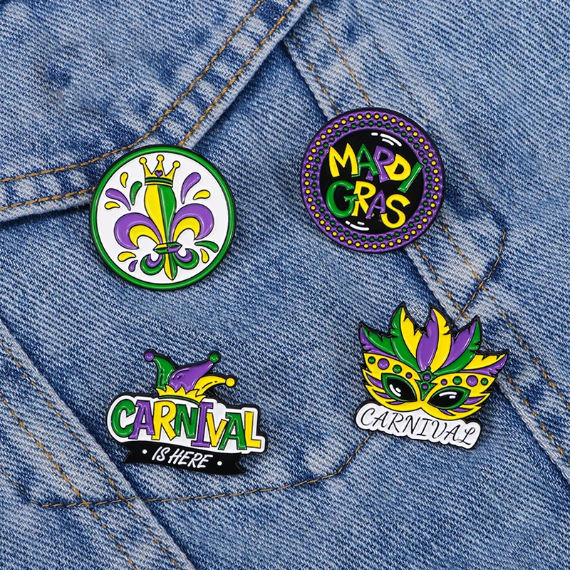 Colorful Carnival Collection Pins Yellow Green Purple Colors Madri Gras Mask Brooches For Backpack Jewelry