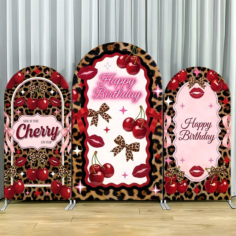

Arch Backdrop Cover Single Side Cherry Leopard Pink Gold Arched Birthday Party Decoration Photo Booth Background Event Supplies