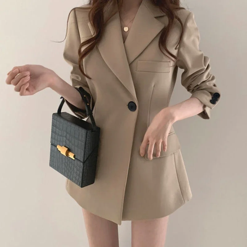 Suit Jacket for Women Autumn New Korean Long Coat with Belt Female V Neck Casual Slim Solid Coor White Women's Blazers