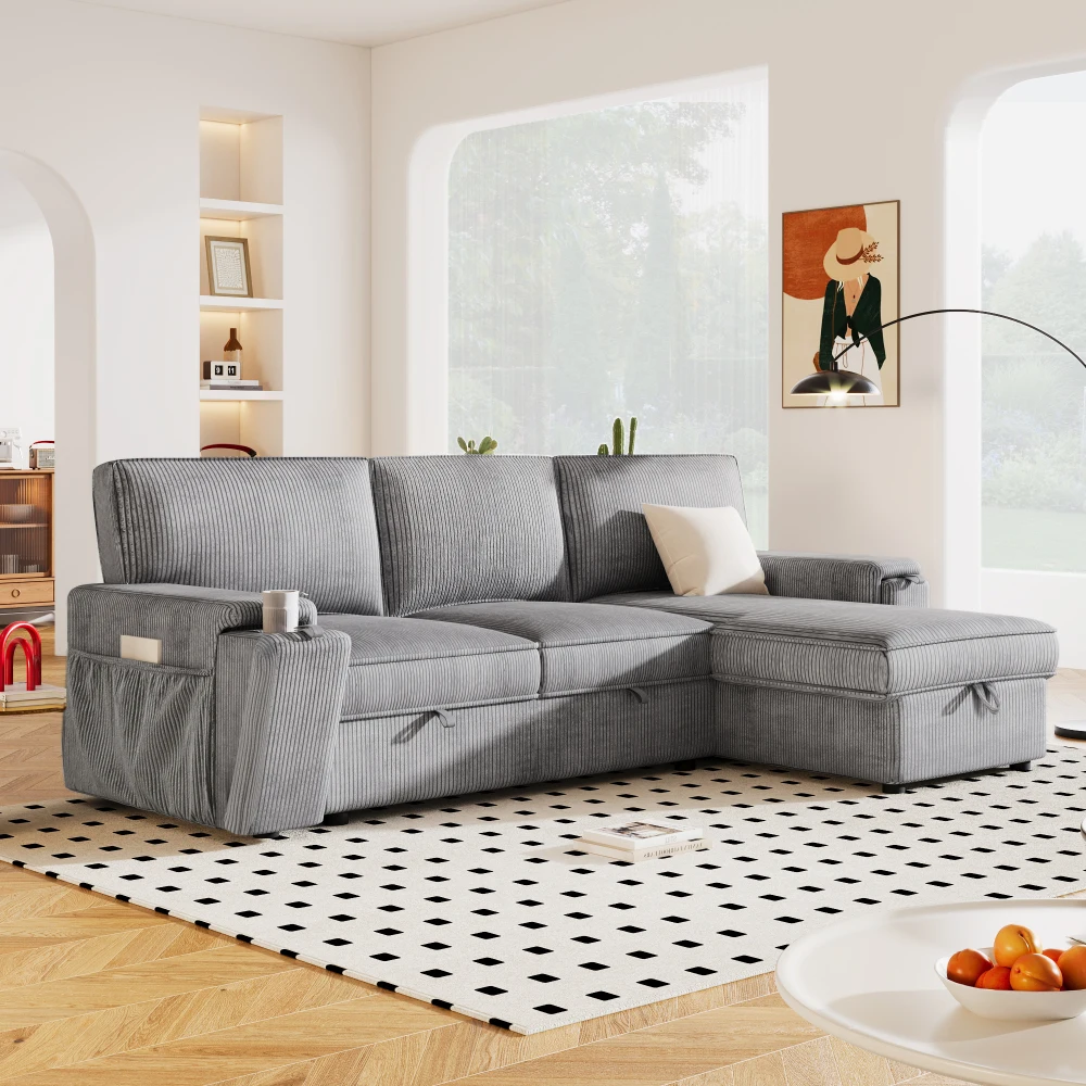 

U_STYLE Upholstery Sleeper Sectional Sofa with Storage Bags and 2 cup holders on Arms