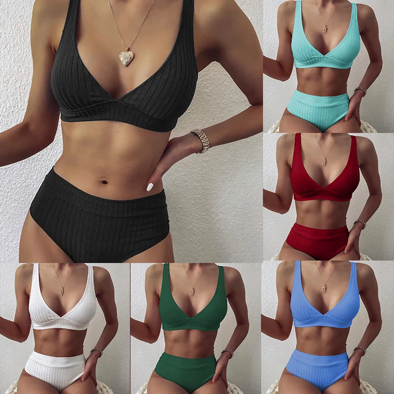 2022 New V-neck Pit Strip Bikini High Waist Split Women Swimsuit Bikini