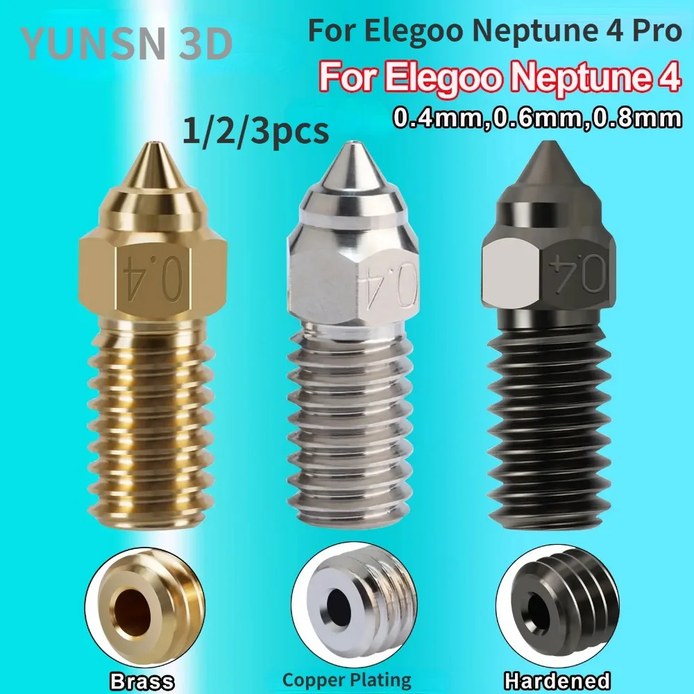 

1/2/3pcs for ELEGOO Neptune 4 Nozzle Hardened/ Copper Plating/Brass High-Speed Nozzle for Elegoo Neptune 4 Pro 0.4/0.6/0.8mm