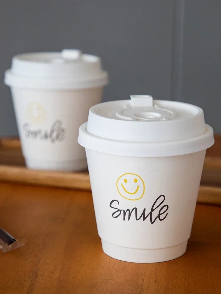 25pcs Cartoon Smiling Face Coffee Packaging Cups Disposable Fresh Milk Cup with Lid Double Layered Thickened Hot Drink Paper Cup