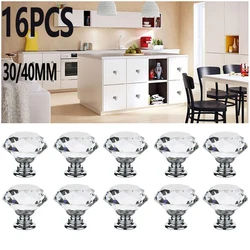 16Pcs/set Transparent Crystal Door Knobs Hardware Diamond Shape Design Crystal Glass Knobs Cupboard Drawer Pull Wardrobe Handles