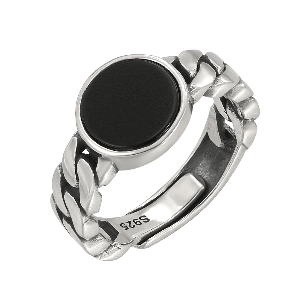 

100% Sterling 925 Silver Ring Vintage Black Agate Stone Open Ring for Men and Women Cuban Chain Rings Fashion Hip Hop Jewelry