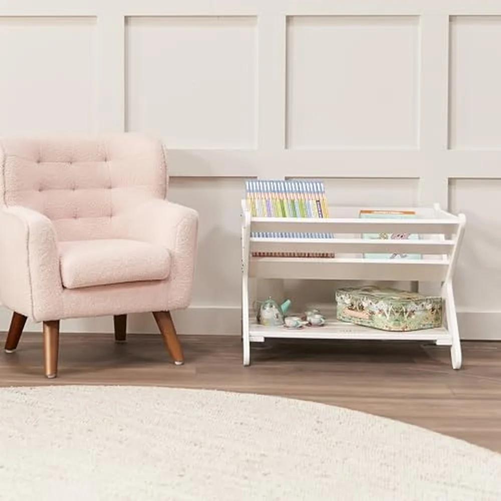 Wooden Book Caddy with Storage Shelf and Handles White Wash