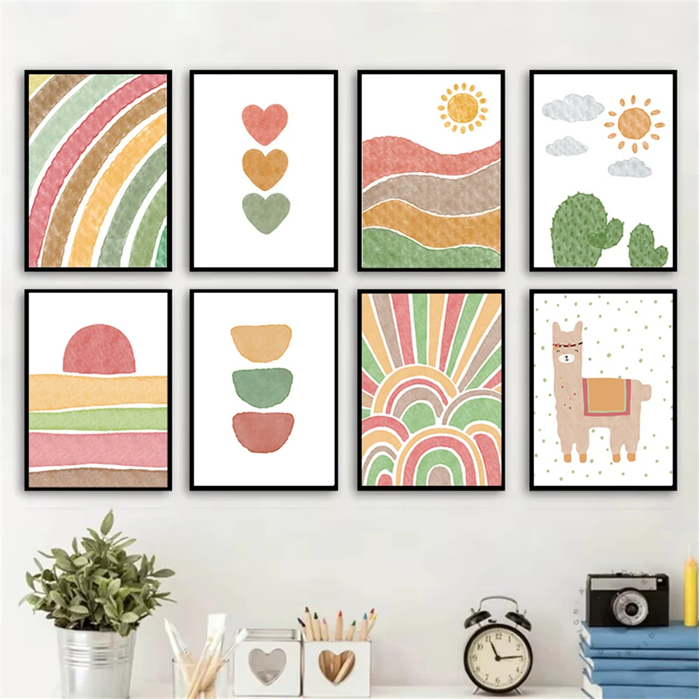 Boho Sun Rainbow Heart Nursery Posters And Prints Alpaca Wall Art Canvas Painting Nordic Print Pictures Baby Kids Room Decor