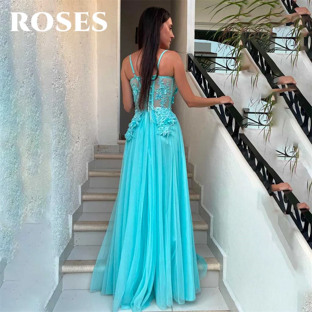 ROSES White Evening Dress Spaghetti Strap A-Line Party Dress Vestido De Novia Sweetheart Pleat Side Split Sleeveless Prom Dress