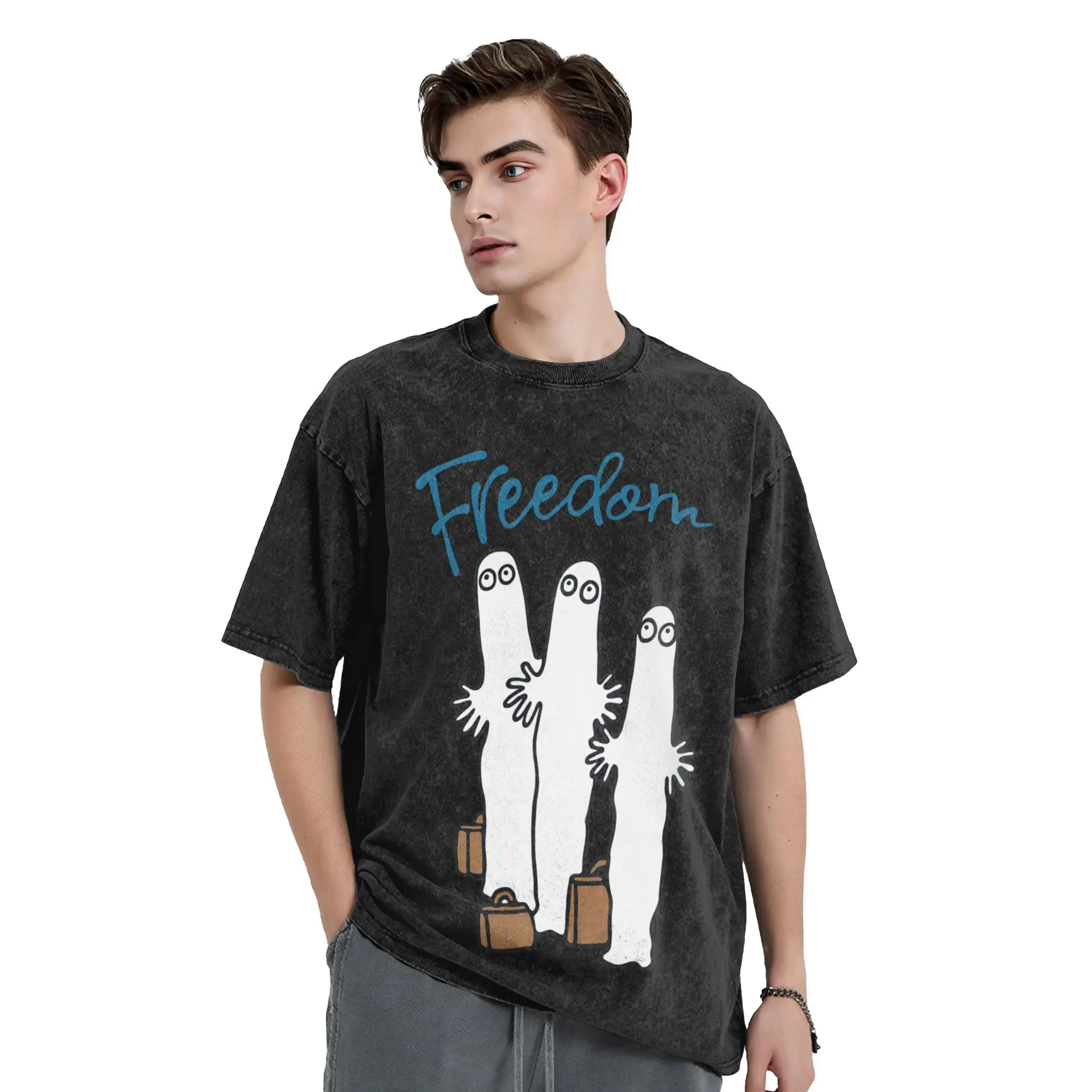 M-moomin The Hattifatteners Freedom Washed T-Shirt Male  Y2K Funny Summer O Neck Leisure Tees Simple Plus Size Clothes
