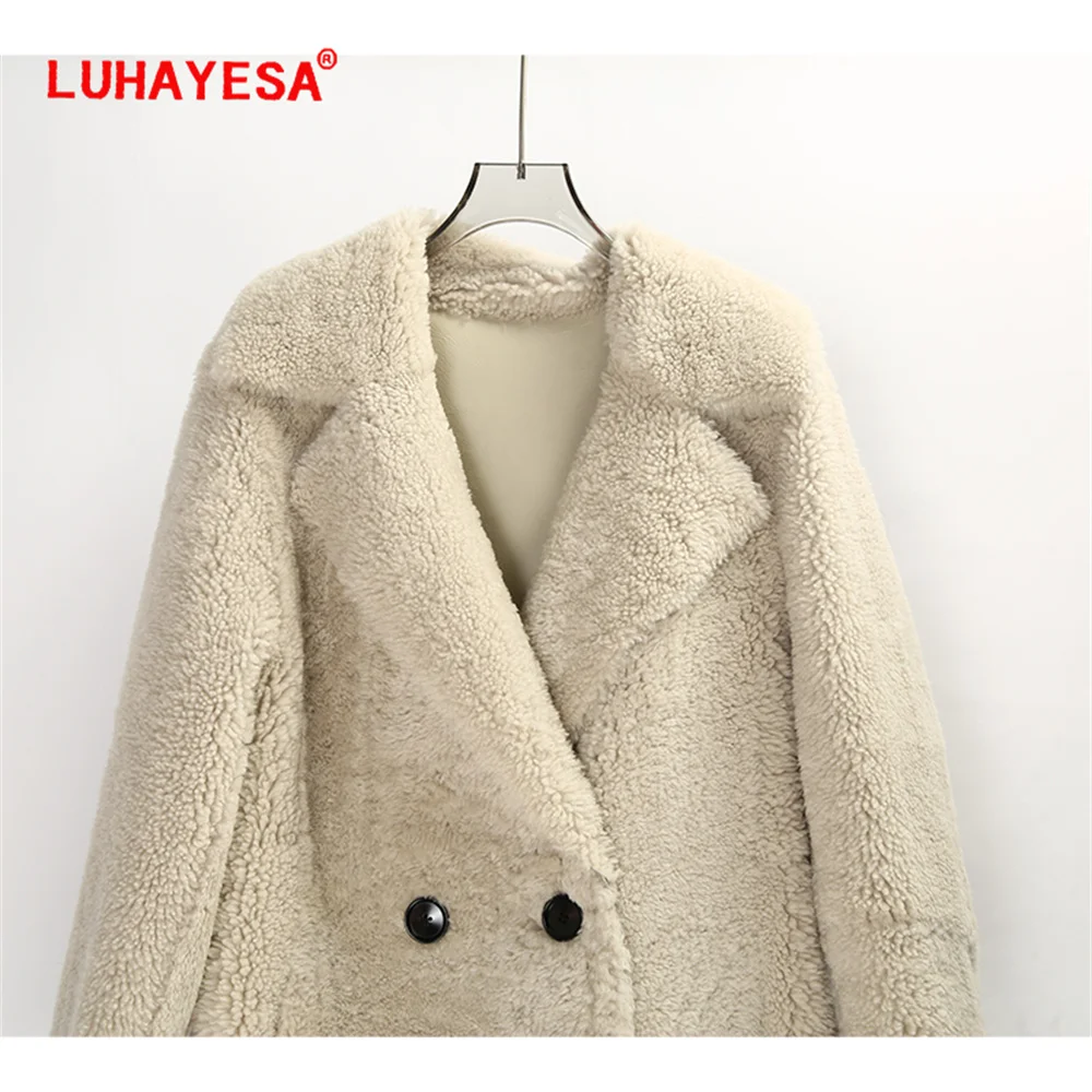 2024 Pearl Lamb Shearling Fur Coat LUHAYESA Women Winter Extra Long Suit Collar Winter Warm Real Fur Clothing