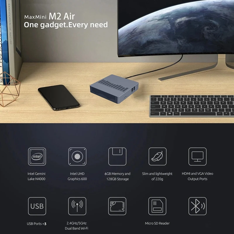 Mini PC M2 Air pour CPU N4000 Win11, 6 Go de RAM, 128 Go, Dean Touriste-Band, WiFi, VGA, Ordinateur Portable, BTéclairé