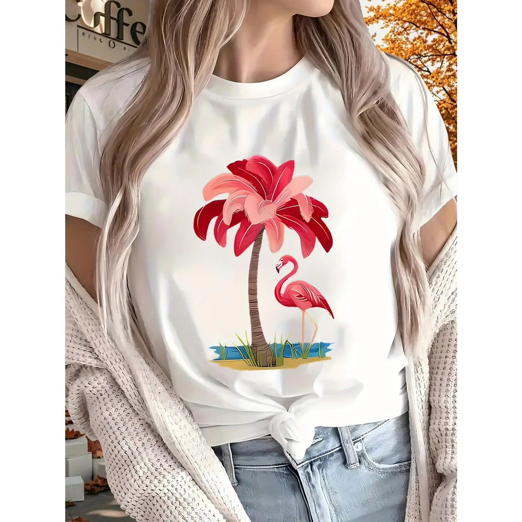 

Women's Flamingo T-shirt Tropical Palm Tree Graphic Tee Summer Vacation Tops Cute Animal Print Beach Holiday Gifts