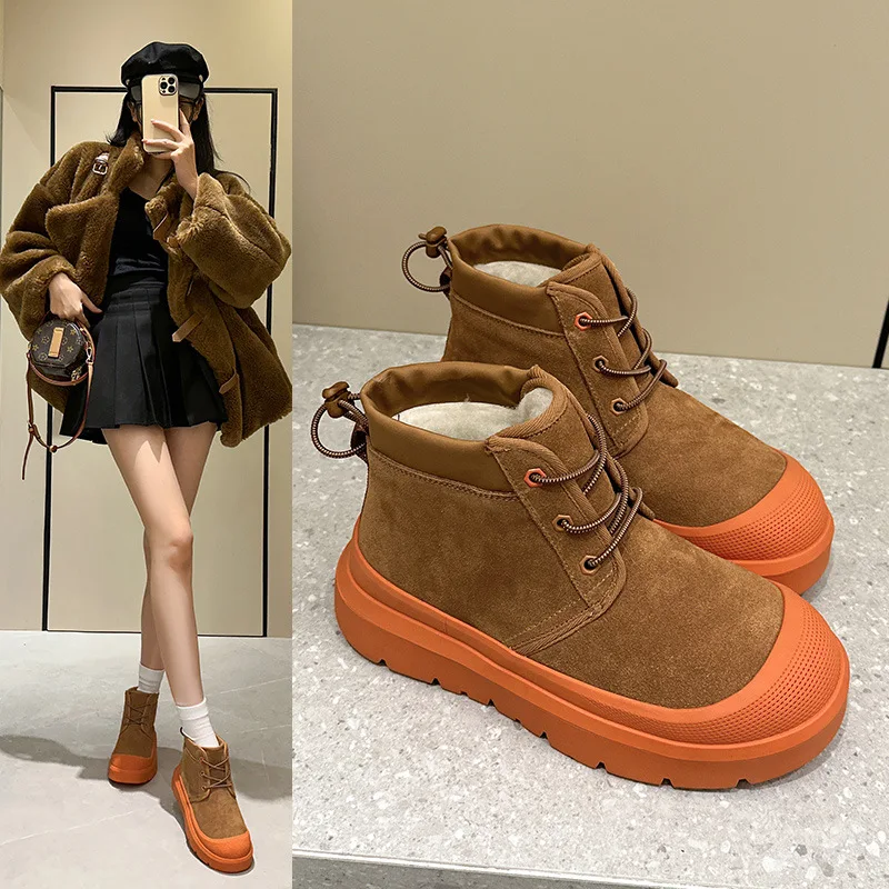 New Synthetic Suede Genuine Leather winter Ankle Booties Chunky Waterproof athleisure shoes Sneakers Plush Women Snow boots